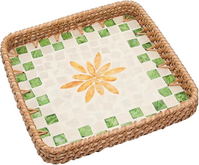 Square Rattan Decorative Tray with Mother of Pearl Inlay, 8.3" | Small 8.3 Inch Handwoven Wicker Tray with Mother of Pearl Base for Coffee Table Kitchen Bathroom Boho Farmhouse Decor Gift