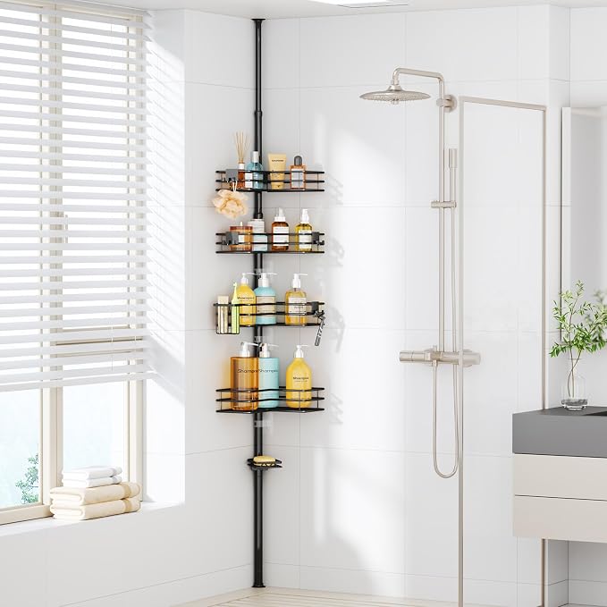 HapiRm Corner Shower Caddy Organizer - Shower Organizer Corner with Soap Holder, Toothbrush Holder and 4 Hooks, Rustproof Bathroom Shelf Tension Pole Available for 27.6 to 108.3 Inch - Black