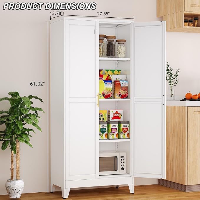 Winiowa Metal Pantry Cabinet with 2 Doors and Adjustable Shelves - 61" Kitchen Storage Cabinet with Gold Handles - Versatile Storage for Kitchen, Bathroom, Dining Room, Utility Room - White