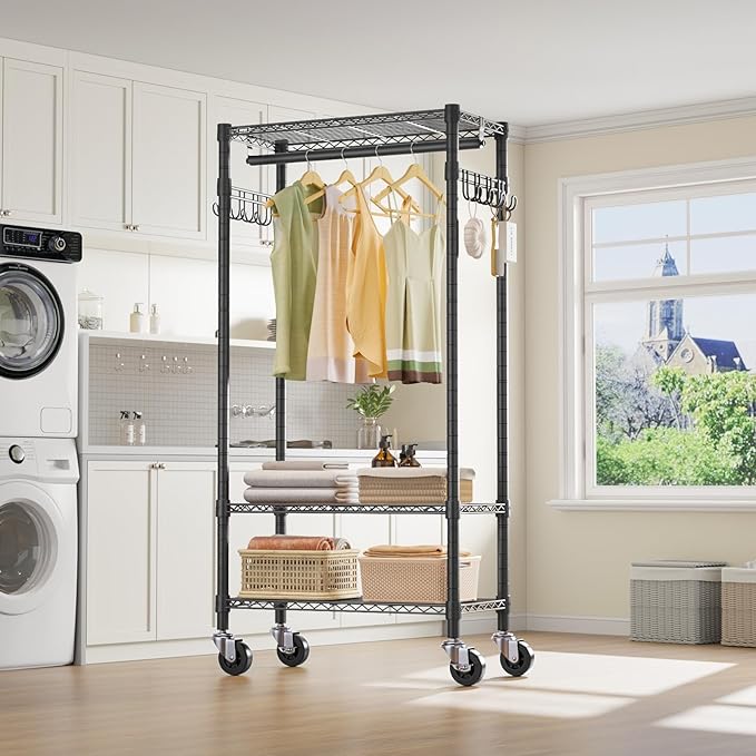 VIPEK R3 Medium Rolling Clothing Rack for Hanging Clothes Portable Closet | Lockable Wheels, Adjustable Wire Shelving/Side Hooks, 330lbs Space-Saving Storage, laundry cart with hanging rack, Black