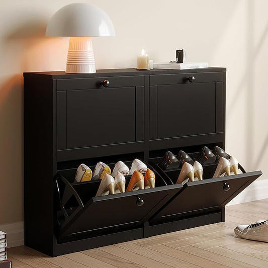 VOWNER Shoe Cabinet with 4 Flip Drawers, Freestanding Shoe Storage Cabinet with Adjustable Shelf & Anti-Tipping Device, Shoe Rack for Entryway, Hallway, Living Room (Black)