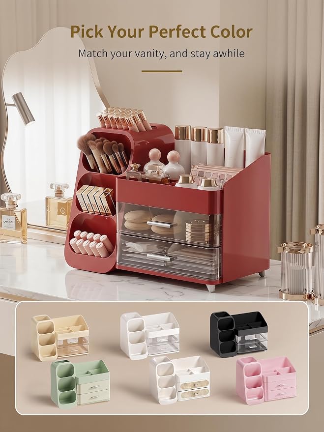 Booklov Large Makeup Organizer for Vanity Countertop, Red | Clear Acrylic Cosmetic Display Case, Beauty Brush Holder for Bathroom Counter, Make Up Skincare Lipsticks Storage