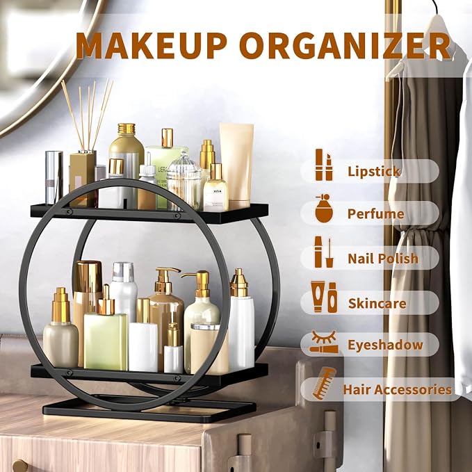 Bathroom Counter Organizer, 2-Tier Black Perfume Organizer Dresser | Bathroom Organizer Counter Shelf, Vanity Makeup Organizer Countertop, Skincare Tray Perfume Holder for Bathroom Sink Storage