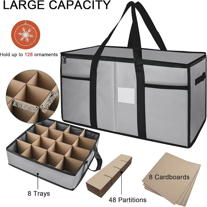 Christmas Ornament Storage Box with Dividers, Holds 128 Balls, Gray | 600D Oxford Fabric, Adjustable Dividers, Removable Trays, Dual Zippers, Reinforced Handles