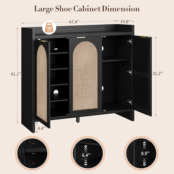 Shoe Cabinet Storage for Entryway - Rattan Accent Cabinet with 3 Doors & Adjustable Shelves, 6-Tier Large Wood Shoes Cabinets with Organizer Rack for Entry Way, Hallway, Living Room, Black