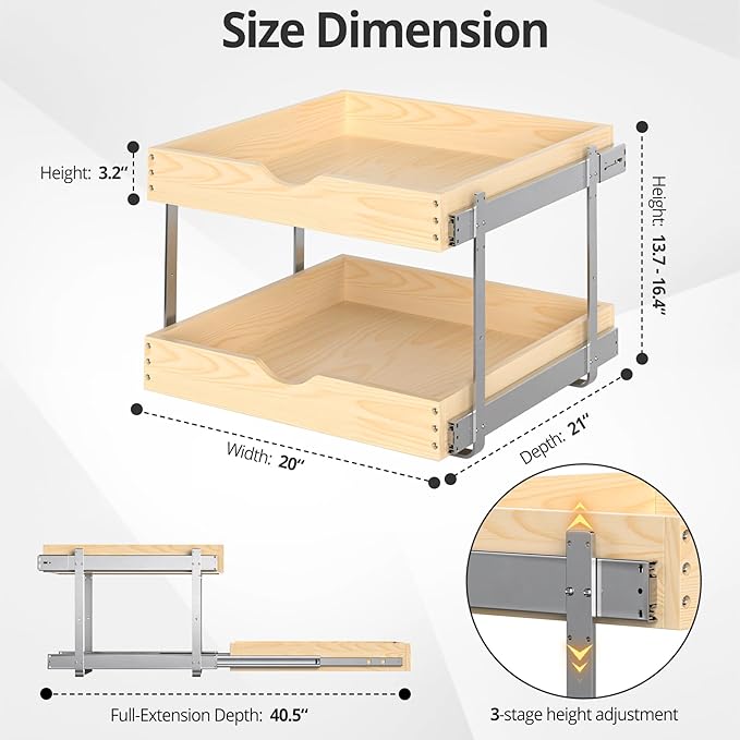 21" Deep 2-Tier Pull Out Cabinet Organizer - Wood Pull Out Drawers | Slide Out Shelves, Full-Extension, Ball-Bearing Slides, 3 Adjustable Heights (2-Tier, 20''W X 21''D Overall)