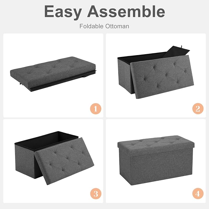 Sweetcrispy 30 Inch Folding Storage Ottoman Bench, Ottoman with Storage | Large Hidden Storage Chest with Padded Seat, Foot Rest Stool, End of Bed Bench for Bedroom, Living Room, Linen Fabric, Gray