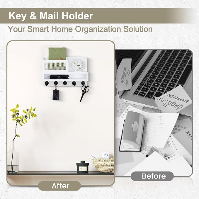 Key Holder for Wall, Mail Organizer Wall Mount with Storage Compartment and 5 key Hooks for Coat, Dog Leash, Stylish Mesh Mail Holder, Home Decor Entry Way Organizer