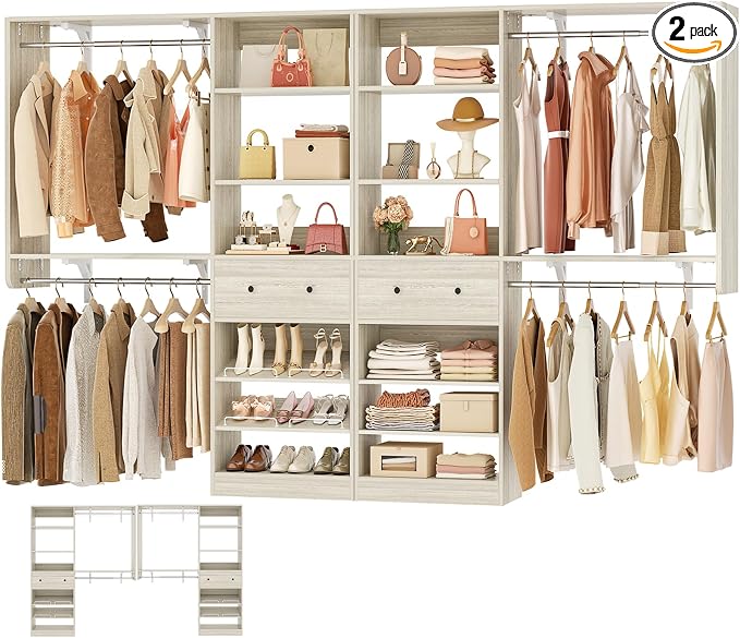 [10 FT Closet System] 120 Inch Reversible Set of 2 Wood Closet Organizer System with 2 Drawers, 4 Hanging Rods Adjustable Shelf, Walk In Closet Organizers with Shoe Rack, Garment Rack, White Oak