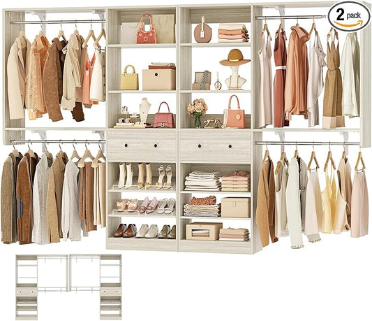 [10 FT Closet System] 120 Inch Reversible Set of 2 Wood Closet Organizer System with 2 Drawers, 4 Hanging Rods Adjustable Shelf, Walk In Closet Organizers with Shoe Rack, Garment Rack, White Oak