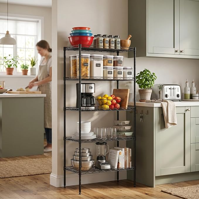 FDW 5 Tier 22L x 12W x 48H Pantry Shelves Adjustable Storage Rack Metal Shelf NSF Shelving Units for Kitchen Garage Small Places Commercial,Black