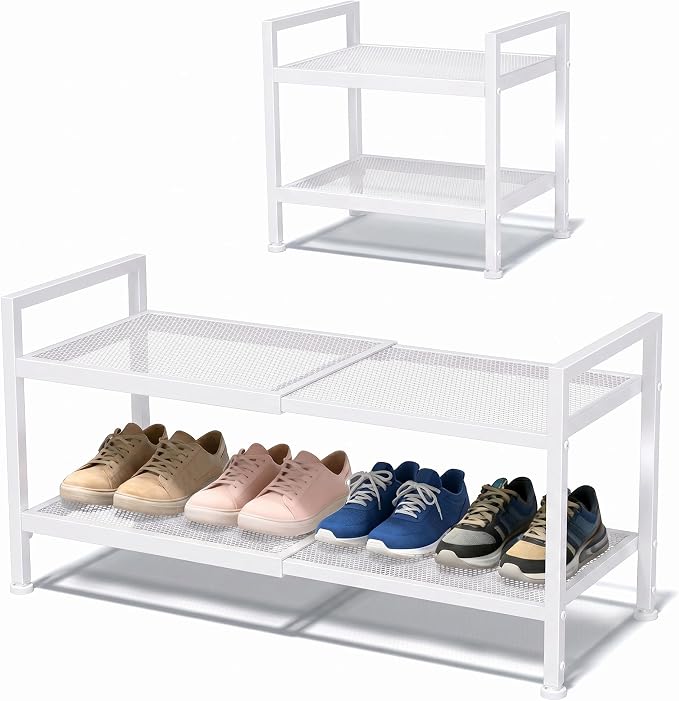 Shoe Rack, Expandable Shoe Rack for Closet, Adjustable Shoe Organizer for Entryway, Shoe Storage Organizer for Door Entrance, Garage, Bedroom (White, 2-Tier)