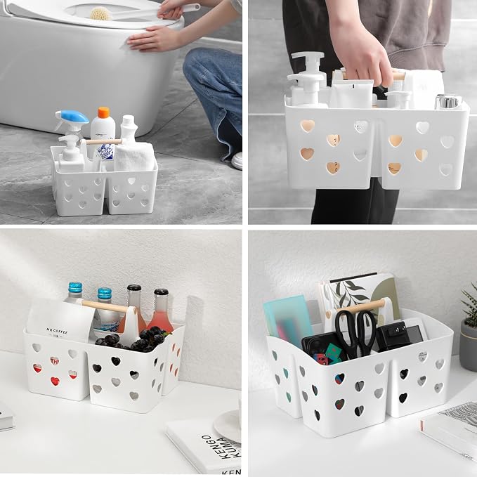 Portable Shower Caddy Plastic Shower Basket Organizer with Handle, White | Divided Bathroom Caddy Storage Cleanning Caddy Tote for College, Dorm Room, Kitchen