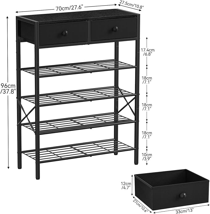 5 Tier Shoe Rack with 2 Drawers, 16-20 Pairs Charcoal | Holds 16-20 pairs. 2 drawers for socks/keys. Removable layer for boots. Anti-tip kit included. Quick assembly.