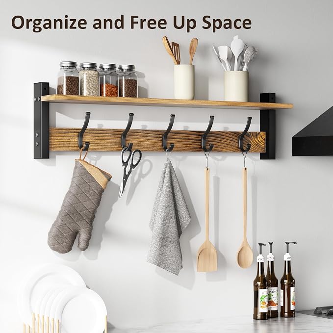 Optish Coat Rack Wall Mount with Shelf, 29 Inch Coat Hanger Walls Mounted, Hat Rack for Walls, Shelf with 5 Coat Hooks, Wall Hanger for Entryway (Brown)