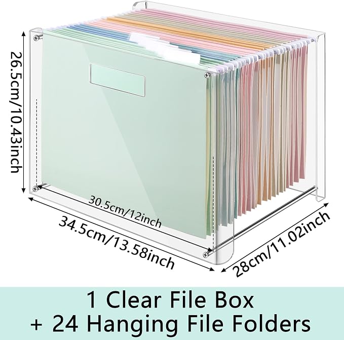 Dispowreath 24 Hanging File Folder with Acrylic Organizer for Letter/a4 Size Desktop Clear File Storage Box with Handles for Home Work Office Use(Colorful,Classic)