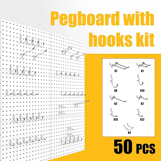 Spampur Peg Board, 6 Pack Metal Pegboard Panels with 50 Hooks | White Pegboards Wall Organizer, Heavy Duty Peg Board for Garage Tool Storage, Office Organization, Craft Room, Desk