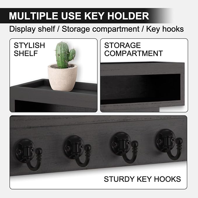 Key and Mail Holder Wall Mount, Key Hanger with Long Storage Box and 6 Hooks for Coat, Dog Leash, Home Decor Rack, House Accessories, Entry Way Organizer (Black)