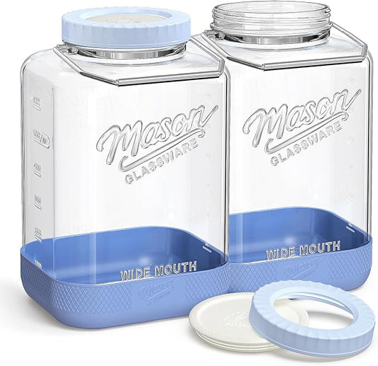 2 Gallon Glass Jar with Dual Seal Lid for Airtight Storage, 2 Pcs, Square | 4.3'' Wide Mouth Mason Jars, Screw Lid, Silicone Seal, Stainless Steel Handle, Non-slip Base, Glass Food Storage Containers