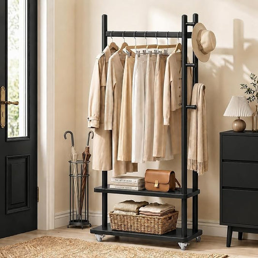 Taitiy Coat Rack Solid Wood Stand Storage 2 Shelves 4 Hooks Black | Entryway hallway bedroom living room, durable wood construction, freestanding design, coats hats bags garments
