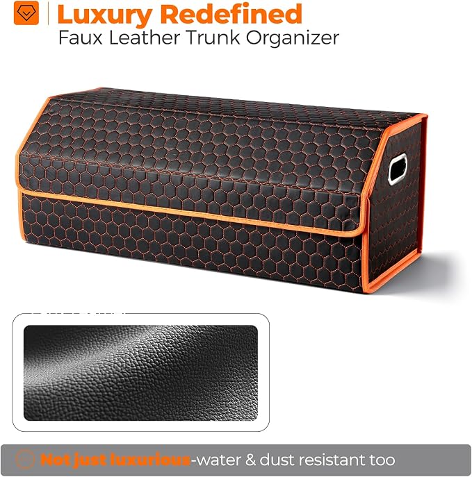 Fyzeoty Car Trunk Organizer for SUV and Sedan, Orange-Honeycomb, 29.5 in | Honeycomb Textured Exterior, Extra‑Large, Premium Leather, Magnetic Lid, Collapsible & Adjustable, Water‑Resist & Dust‑Proof
