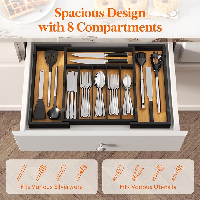 Lifewit Silverware Drawer Organizer, Wooden Utensil Tray for Kitchen | Expandable Flatware and Cutlery Holder, Adjustable Storage for Spoons Forks Knives, 13-22x15", Natural and Black