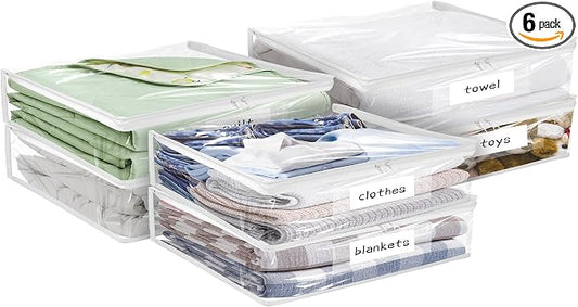 Kikerike Plastic Storage Bags with Easy-Glide Zipper, Pack of 6, Durable Clear Vinyl Zippered Storage Bags for Clothes Sweaters Comforters Blankets Sheets Bedding (10.5 x 10.5 x 2.5 Inch, White)