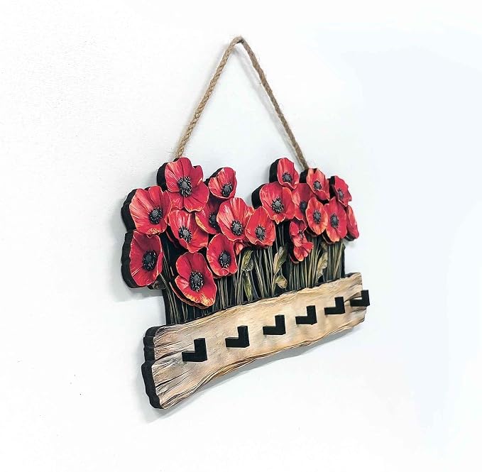 Oak & Hearth Wooden Key Holder for Wall – Rustic Poppy Flower Key Rack with 6 Hooks – Farmhouse Entryway Organizer & Wall Decor