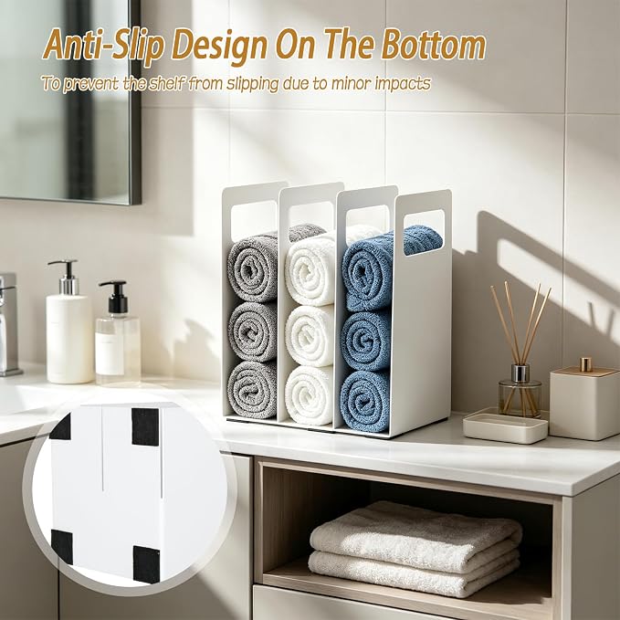 Interlocking Towel Organizer 4-Pack, Metal Bathroom Storage Shelf Rack with Adjustable Width & Pads, Freestanding Countertop Towel Holder for Cabinet, Closet, Hotel