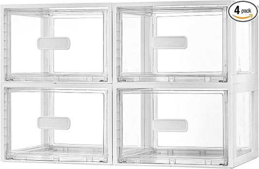 Vtopmart 4 Pack White Stackable Storage Drawers 15QT | Easily Assemble Closet Organizers,Plastic Storage Bins for Bathroom,Cabinet,Kitchen Pantry,Under Sink Organization(Medium)