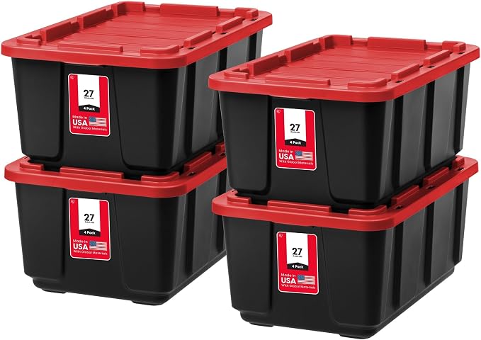 IRIS USA 4-Pack 27 Gal Heavy Duty Storage Tote Bins with Lids, Red | Large-capacity design stores seasonal gear, moving supplies and equipment, Stackable shape supports efficient organization
