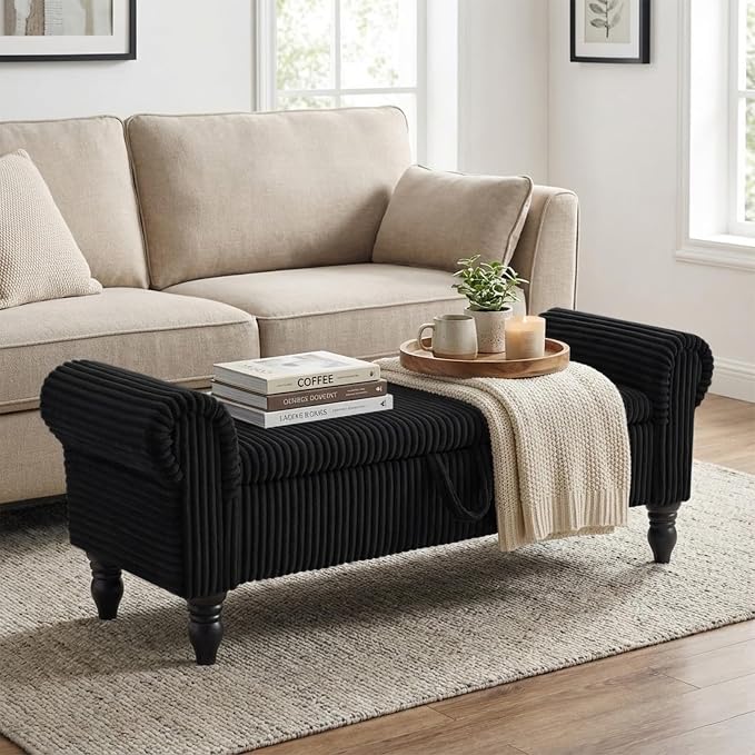 55" Corduroy Storage Ottoman Bench, Queen Bed, Black | End of Bed, Bedroom/Entryway/Closet, Window Seat, Lift-Top Storage, Tufted Button, Solid Wood Legs, for Queen & King