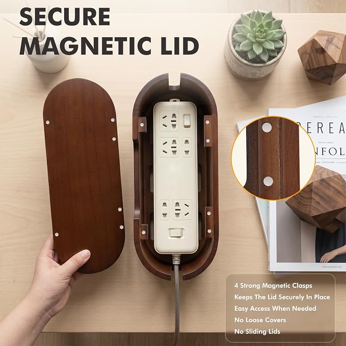 Wooden Cable Management Box with Lid, Decorative Cord Organizer for Power Strip & Charger Cables, Ventilation Holes & Side Slots, Solid Pine Wire Hider for Desk, Home Office, Dorm & Minimalist Setup