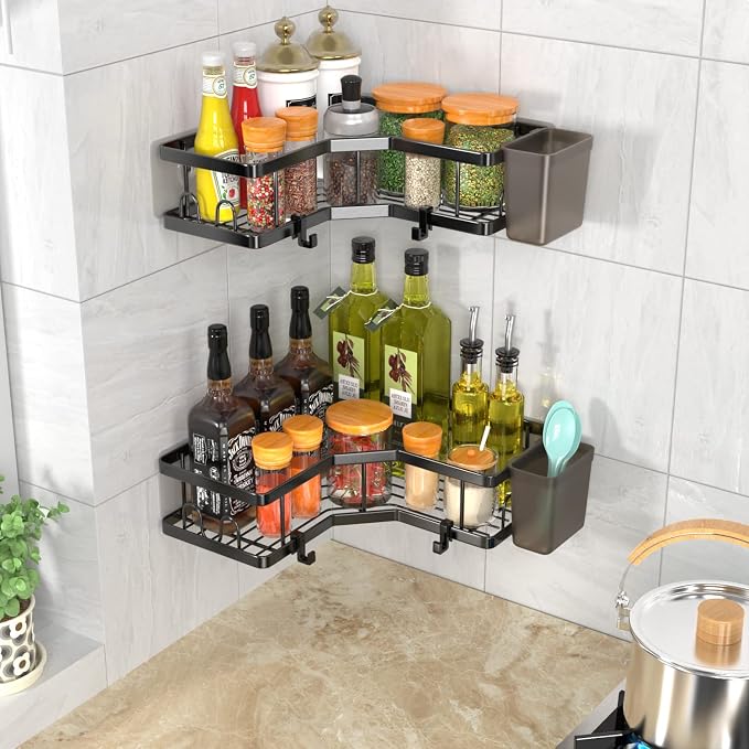 AKTECKE Corner Shower Caddy, 2 Pack Adhesive Shower Corner Organizer Shelves, No Drilling Stainless Steel Shower Storage Rack with Hooks&Toothpaste Holder for Bathroom Kitchen （for 90° Corners Only）