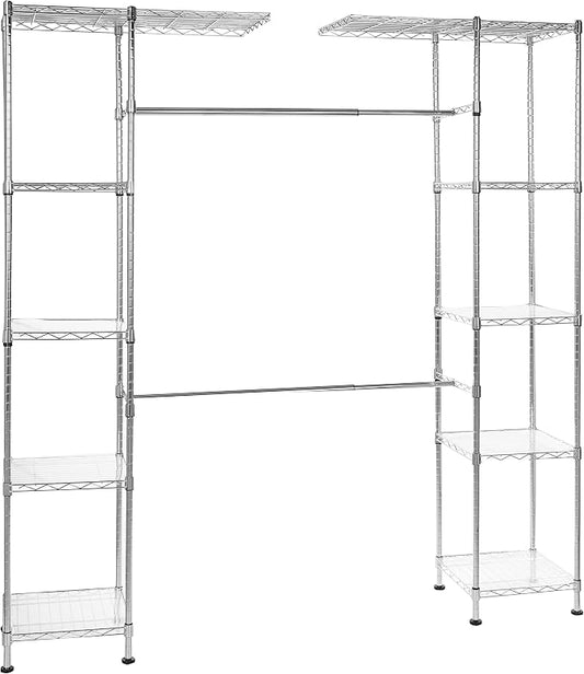 Amazon Basics Expandable Adjustable Metal Closet Organizer with Hanging Rod, Clothes Rack, Shelves, 57-80 x 14 x 72 inches (LxWxH), Chrome