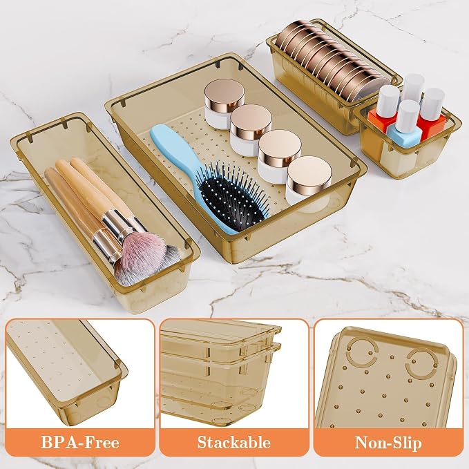SpaceHacks 25 PCS Plastic Drawer Organizer Set, 4-Size Versatile Organizer Trays & storage Bins for Makeup, Jewelry, and Gadgets in Bathroom, Bedroom and Office,Champagne