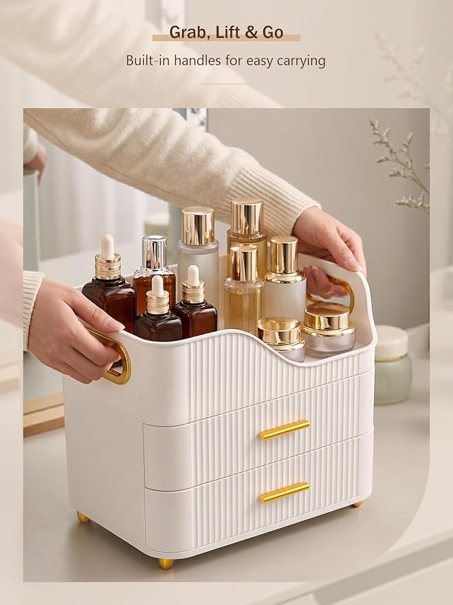Booklov Large Makeup Organizer for Vanity, Bathroom Countertop, White | Plastic Cosmetic Display Case with Drawers, Beauty Brush Holder for Dresser Counter Skincare Eyeshadow Lipstick Storage