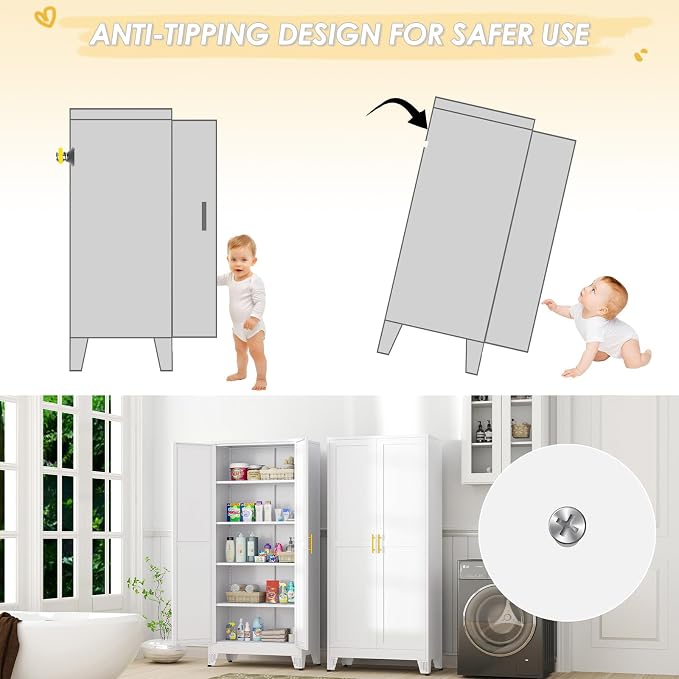 GAIOUS 71" Tall Metal Storage Cabinet with 2 Doors and 4 Adjustable Shelves, Kitchen Pantry Cabinet White Freestanding Cupboard, 5 Tier Multifunctional Steel Storage for Office, Kitchen, Dining Room