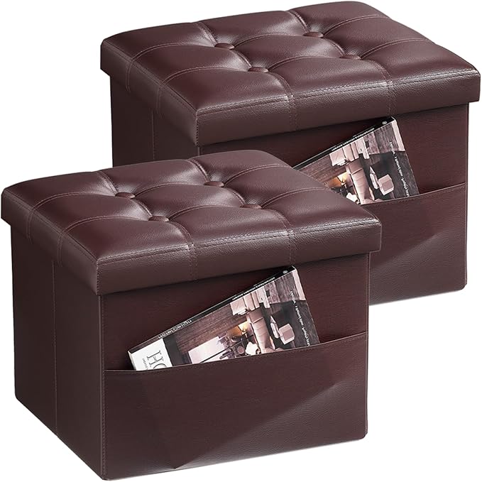 Bsketa Storage Ottoman Bench, 16" Folding Leather Foot Rest, Brown 2 Pack | Small Ottoman with Side Pockets, Thicker Foam Padded Seat, Livingroom, Dorm, Bedroom, Easy to install, 38L, 16x12x12in