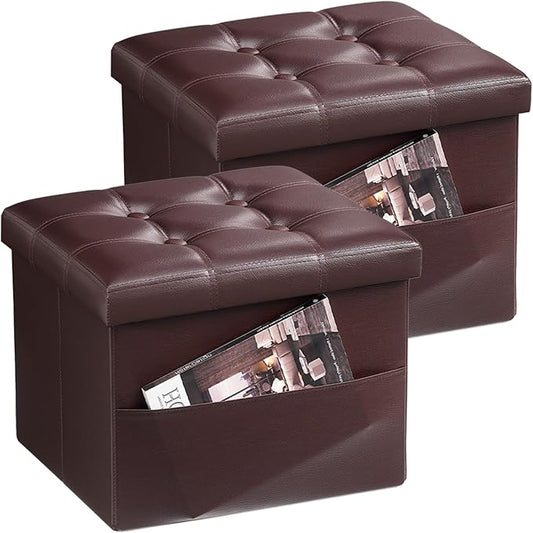 Bsketa Storage Ottoman Bench, 16" Folding Leather Foot Rest, Brown 2 Pack | Small Ottoman with Side Pockets, Thicker Foam Padded Seat, Livingroom, Dorm, Bedroom, Easy to install, 38L, 16x12x12in