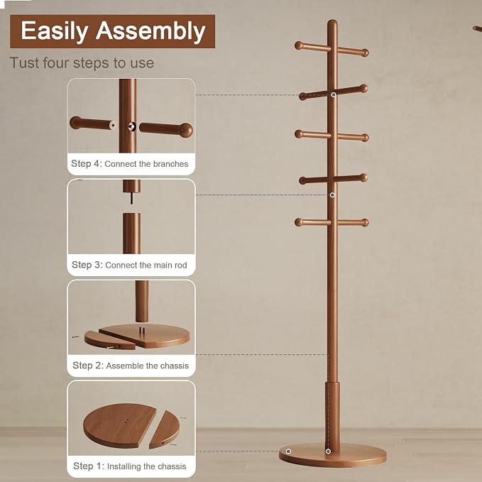 Solid Wood Coat Rack Freestanding with 10 Hooks, Coat tree freestanding 3 Adjustable Heights for coat, Hats, Handbags, Coat Stand for Entryway,Bedroom,office, Walnut