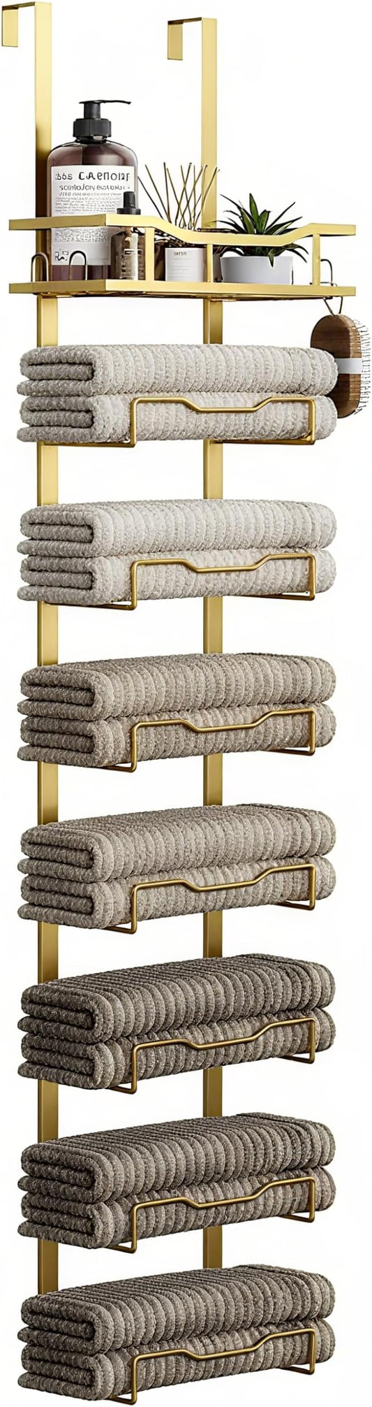 Aetyord Hanging Towel Racks for Bathroom Storage | 8-Tier Over The Door Bath Towel Storage Organizer with Metal Shelf Basket for Small Bathrooms RV Camper Gold