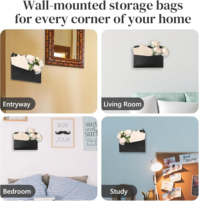 3 PCS Wall Mount PU Leather Mail Holder Black Faux Leather Letter Holder 2 Ring Wall Mail Organizer Stylish Wall Hanging Mail Storage for Flowers Envelope Key Notebooks Home Office Decor