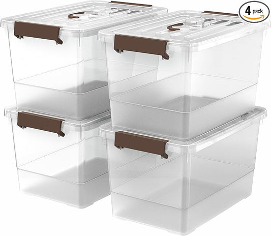 17 Qt Clear Stackable Storage Bins with Lids, Locking Latch Plastic Organizer Containers, Space-Saving Nestable Tote Boxes for Closet Pantry Laundry Room Garage, 4-Pack