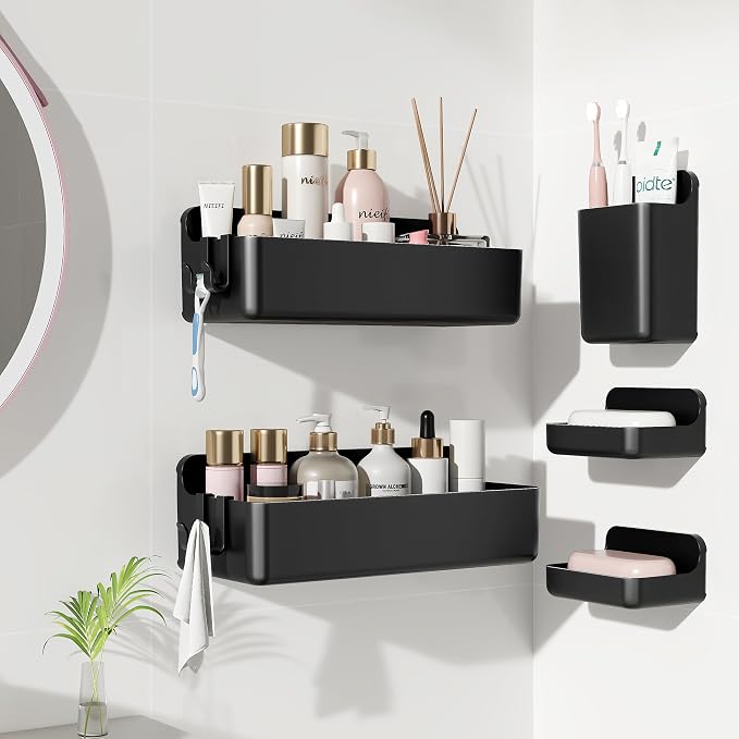 Nieifi Adhesive Shower Shelves, Black, 5 Pieces | Rustproof ABS, Large Capacity, Removable Design, Easy-Clean, No Drilling Shower Organizer for Bathroom Storage & Home Decor