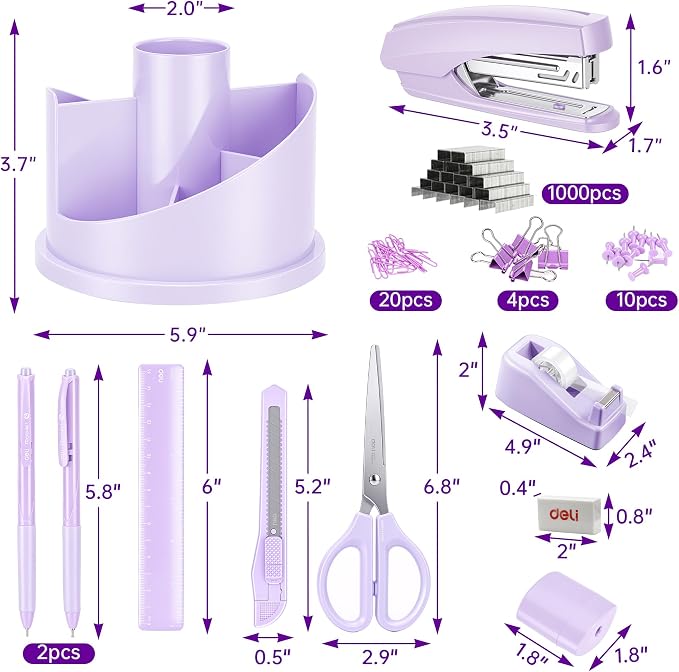 deli Office Supplies Set, Desk Accessory Organizer Kit, Purple | Stationary Set, Desk Supplies with Rotating Multi-Functional Pen Holder &Stapler Set for Office, School, Home