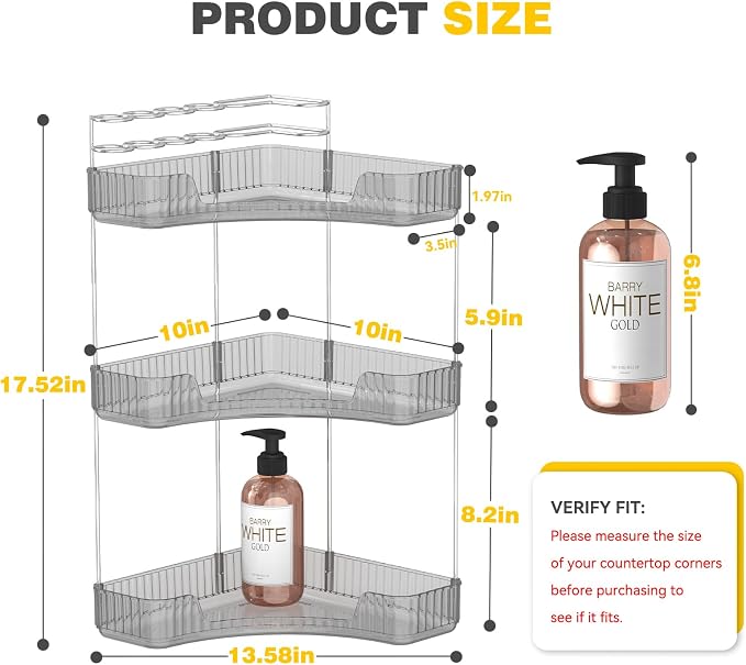 Asayuee 3-Tier Corner Bathroom Counter Organizer with Top Toothbrush Holders,Large Makeup Organizer Countertop with Brush Holder,Skincare Organizers Corner,Exquisite Vanity Organizer (Gray, 3 Tier)