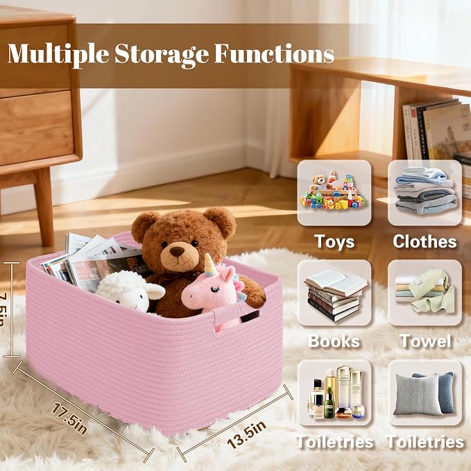 4 Pack Large Storage Basket for Organizing, 17.5"x13"x7" Woven Basket for Shelves, Closet Cube Storage Bins with Wrapped Handle, Cotton Rope Baskets for Kitchen, Clothes, Toys(Light Pink)