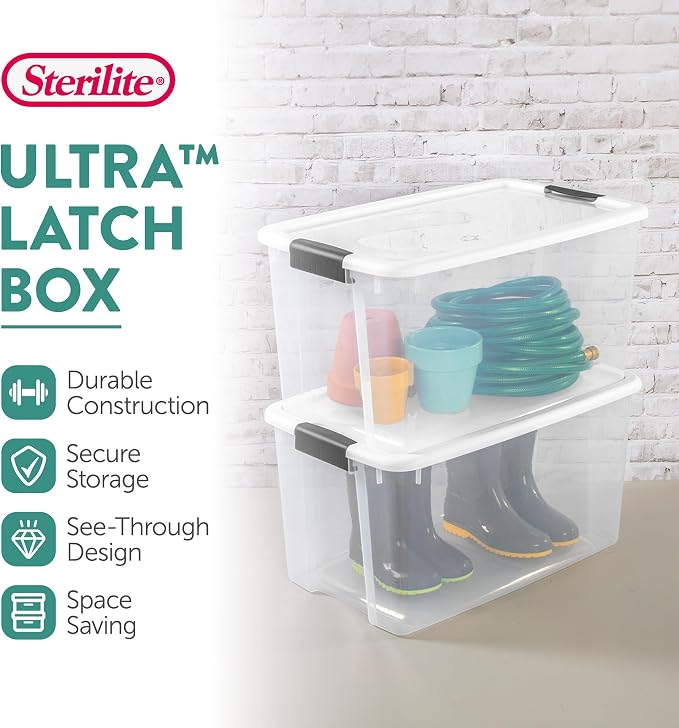Sterilite 16-Pack Ultra Latching Box, Storage Bins with Lids, Clear Plastic, 70 Quart - Heavy-Duty Organizing Containers for Closet, Bathroom, and Office