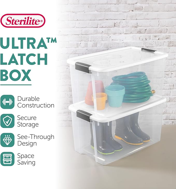 Sterilite 8-Pack 70 Quart Ultra Latch Box, Clear Storage Organizer Bins with Latching Lids - Stackable Plastic Containers for Home Organization in Garage, Attic, Basement, and Closet